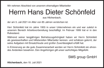 Traueranzeige von Hans Dieter Schönfeld von Siegener Zeitung