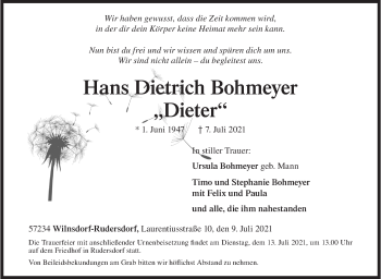 Traueranzeige von Hans Dietrich Bohmeyer von Siegener Zeitung