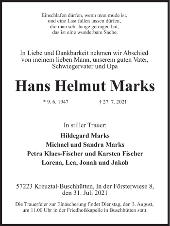 Traueranzeige von Hans Helmut Marks von Siegener Zeitung