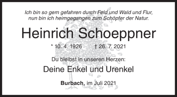 Traueranzeige von Heinrich Schoeppner von Siegener Zeitung