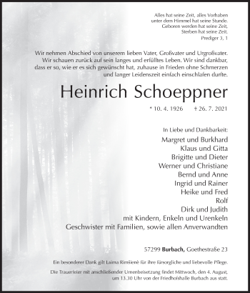 Traueranzeige von Heinrich Schoeppner von Siegener Zeitung