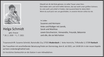 Traueranzeige von Helga Schmidt von Siegener Zeitung