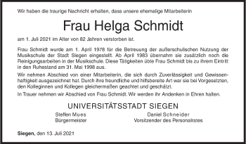 Traueranzeige von Helga Schmidt von Siegener Zeitung