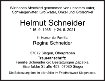 Traueranzeige von Helmut Schneider von Siegener Zeitung