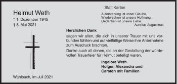 Traueranzeige von Helmut Weth von Siegener Zeitung