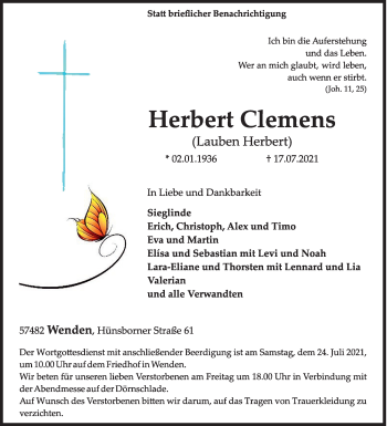 Traueranzeige von Herbert Clemens von Siegener Zeitung