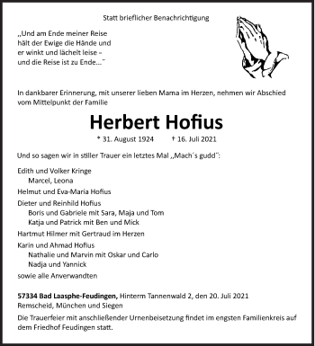 Traueranzeige von Herbert Hofius von Siegener Zeitung