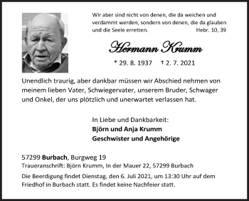 Traueranzeige von Hermann Krumm von Siegener Zeitung