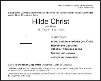 Traueranzeige von Hilde Christ von Siegener Zeitung