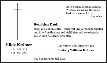 Traueranzeige von Hilde Krämer von Siegener Zeitung