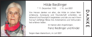 Traueranzeige von Hilde Riedlinger von Siegener Zeitung