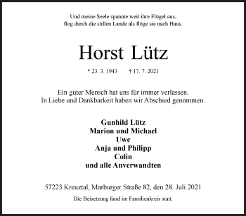 Traueranzeige von Horst Lütz von Siegener Zeitung