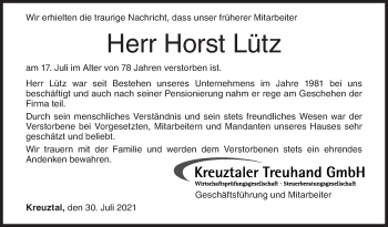 Traueranzeige von Horst Lütz von Siegener Zeitung