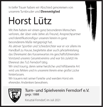 Traueranzeige von Horst Lütz von Siegener Zeitung