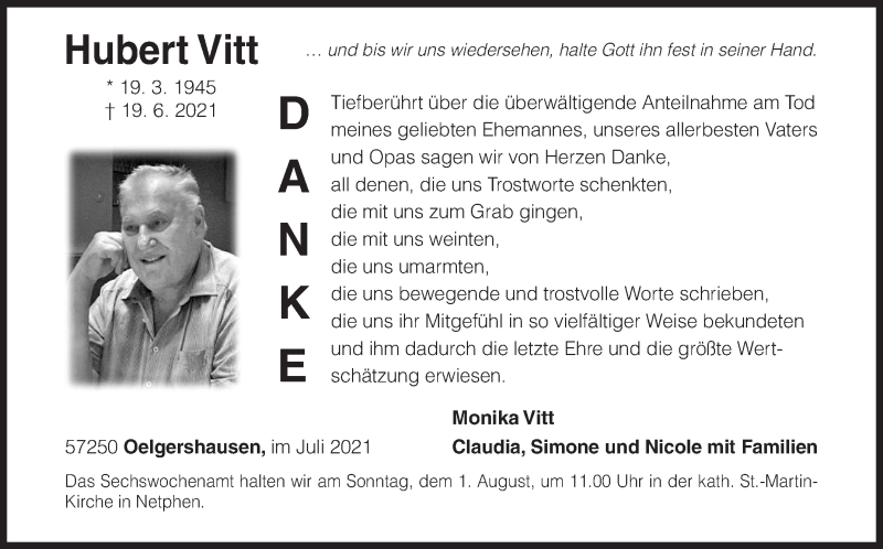  Traueranzeige für Hubert Vitt vom 31.07.2021 aus Siegener Zeitung
