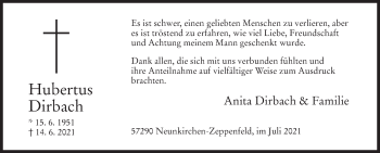 Traueranzeige von Hubertus Dirbach von Siegener Zeitung