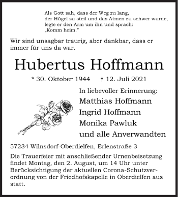 Traueranzeige von Hubertus Hoffmann von Siegener Zeitung