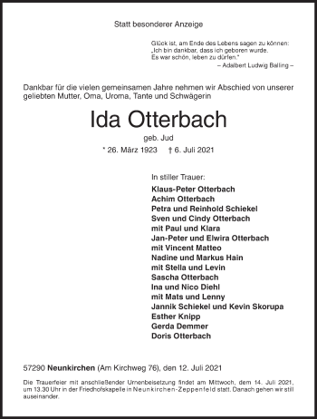 Traueranzeige von Ida Otterbach von Siegener Zeitung