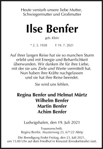 Traueranzeige von Ilse Benfer von Siegener Zeitung