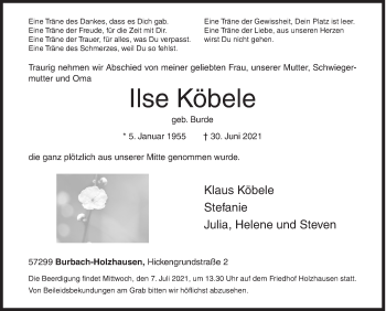 Traueranzeige von Ilse Köbele von Siegener Zeitung
