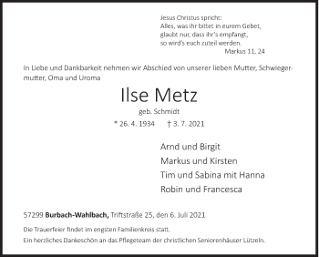 Traueranzeige von Ilse Metz von Siegener Zeitung
