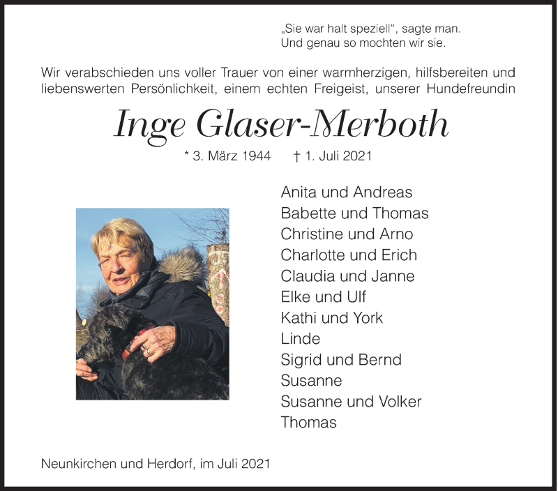  Traueranzeige für Inge Glaser-Merboth vom 10.07.2021 aus Siegener Zeitung