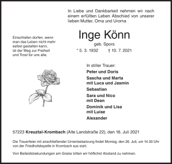 Traueranzeige von Inge Könn von Siegener Zeitung