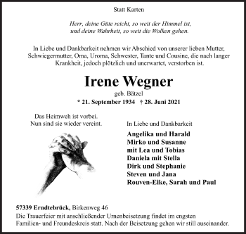 Traueranzeige von Irene Wegner von Siegener Zeitung