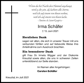 Traueranzeige von Irma Schäfer von Siegener Zeitung