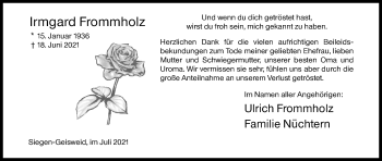 Traueranzeige von Irmgard Frommholz von Siegener Zeitung