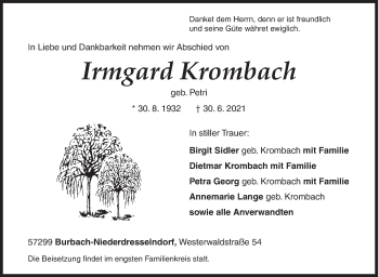 Traueranzeige von Irmgard Krombach von Siegener Zeitung