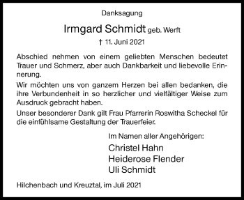 Traueranzeige von Irmgard Schmidt von Siegener Zeitung