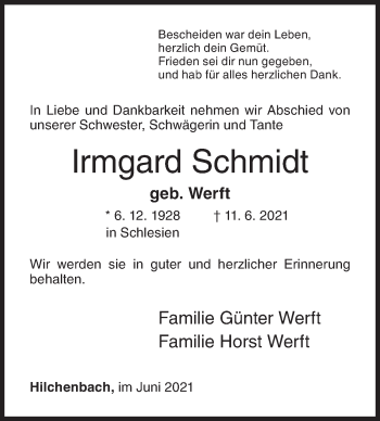 Traueranzeige von Irmgard Schmidt von Siegener Zeitung