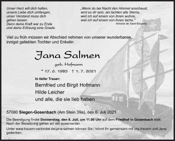 Traueranzeige von Jana Salmen von Siegener Zeitung