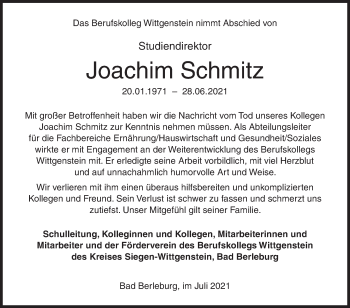 Traueranzeige von Joachim Schmitz von Siegener Zeitung