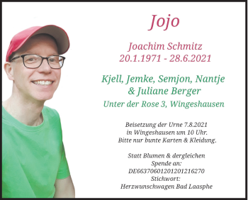 Traueranzeige von Joachim Schmitz von Siegener Zeitung
