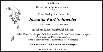 Traueranzeige von Joachim Karl Schneider von Siegener Zeitung