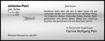 Traueranzeige von Johanna  Petri von Siegener Zeitung