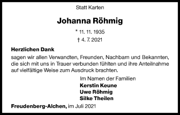 Traueranzeige von Johanna Röhmig von Siegener Zeitung
