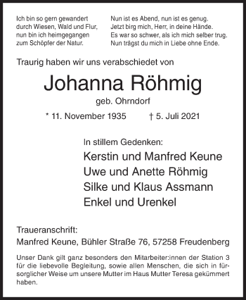 Traueranzeige von Johanna Röhmig von Siegener Zeitung