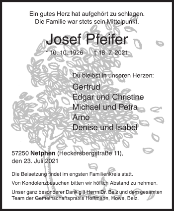 Traueranzeige von Josef Pfeifer von Siegener Zeitung