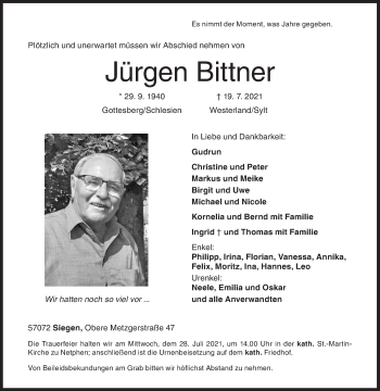 Traueranzeige von Jürgen Bittner von Siegener Zeitung