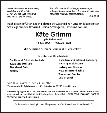 Traueranzeige von Käte Grimm von Siegener Zeitung