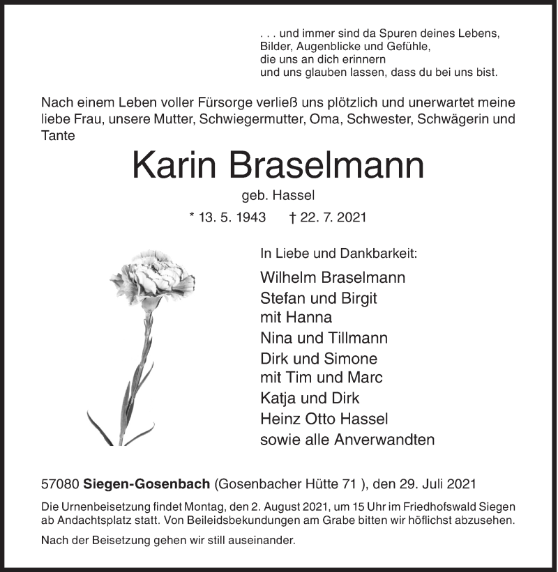  Traueranzeige für Karin Braselmann vom 29.07.2021 aus Siegener Zeitung