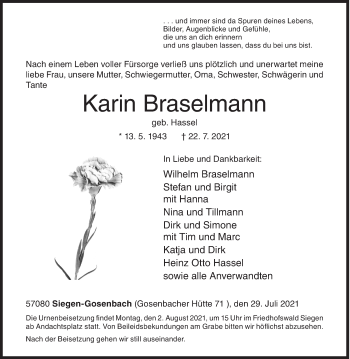 Traueranzeige von Karin Braselmann von Siegener Zeitung