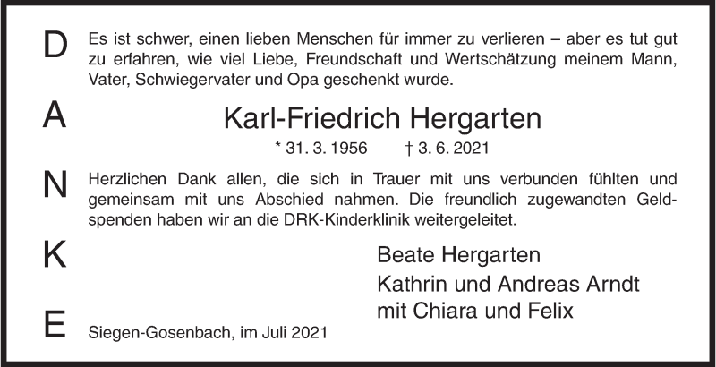  Traueranzeige für Karl-Friedrich Hergarten vom 17.07.2021 aus Siegener Zeitung
