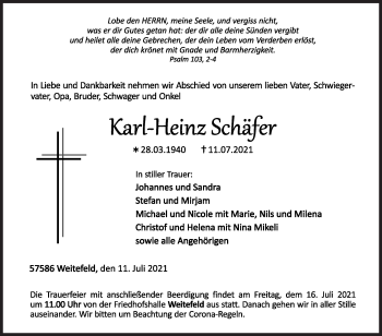 Traueranzeige von Karl-Heinz Schäfer von Siegener Zeitung