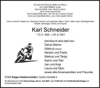 Traueranzeige von Karl Schneider von Siegener Zeitung