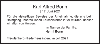 Traueranzeige von Karl Alfred Bonn von Siegener Zeitung