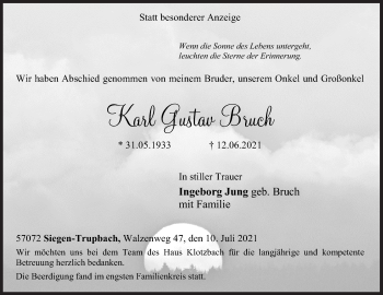 Traueranzeige von Karl Gustav Bruch von Siegener Zeitung